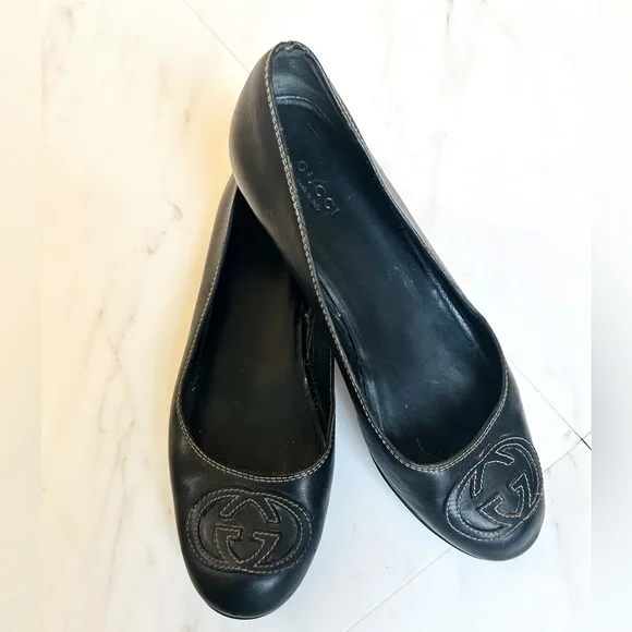 Gucci Vintage Interlocking G Black Leather Ballet Flat Stitching 37 / 6.5 - Picture 1 of 11